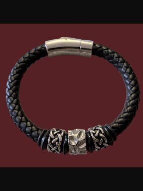 INOX Black Braided Full Grain Leather Stainless Steel Celtic Knot Beaded 7.25"